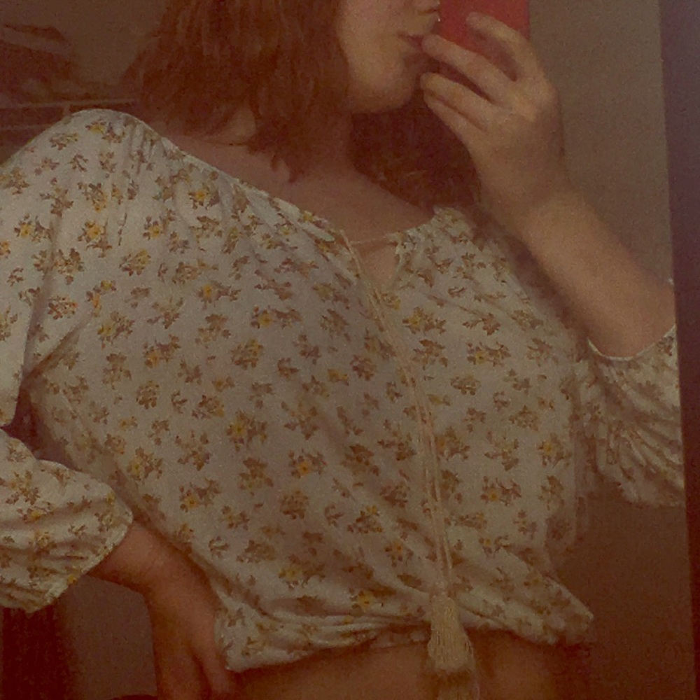 Yellow and white floral print crop top/ shirt